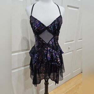 Dolls Kill Club Exx Fantastical Firefly Fishnet Sequin Black Purple Rave Dress S